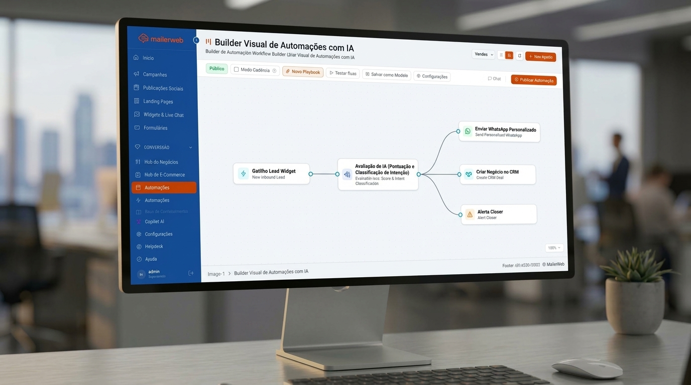 Builder Visual de Automações Assistido por IA do MailerWeb em Tela de Computador Profissional