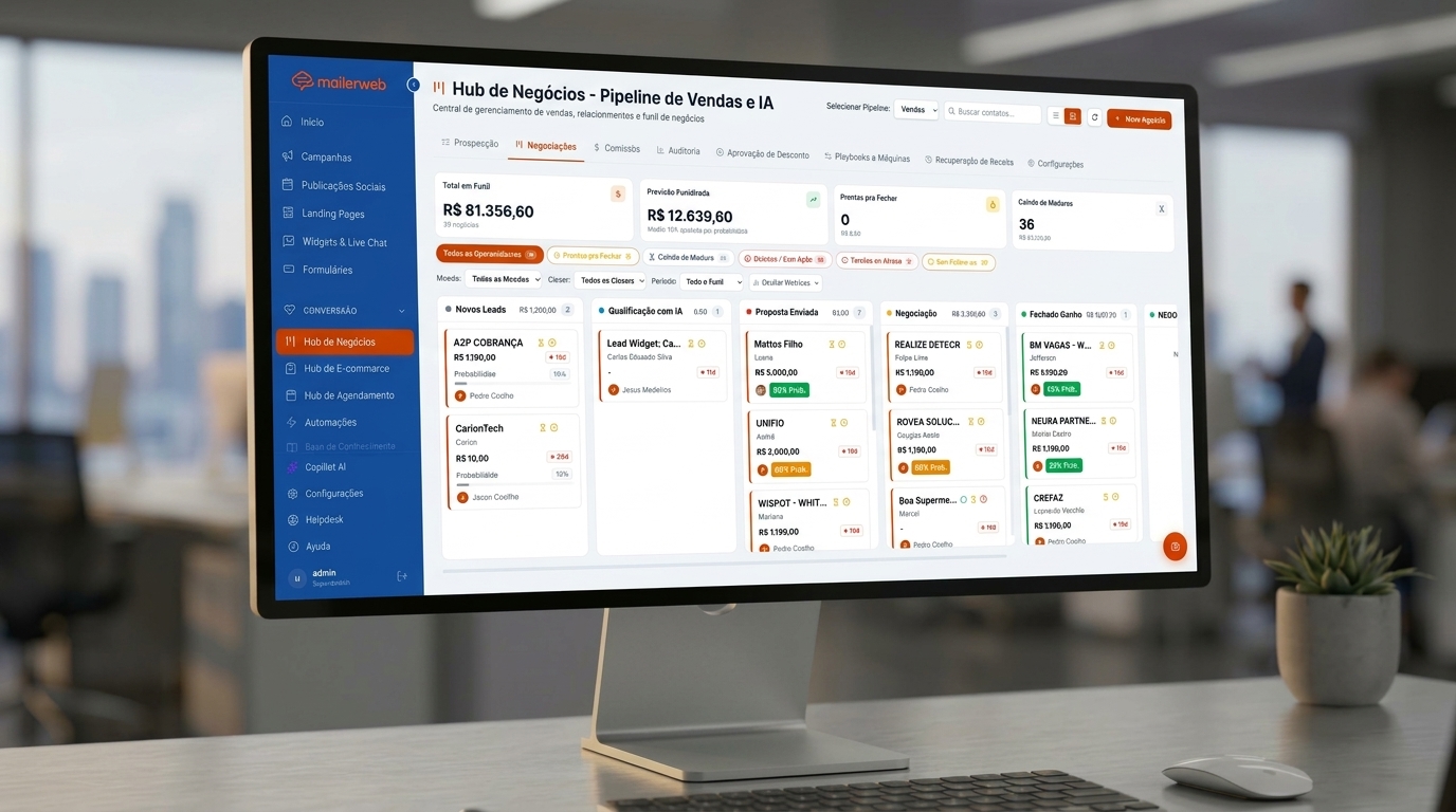 CRM Inteligente e Pipeline de Vendas com IA do MailerWeb em Tela de Computador Profissional