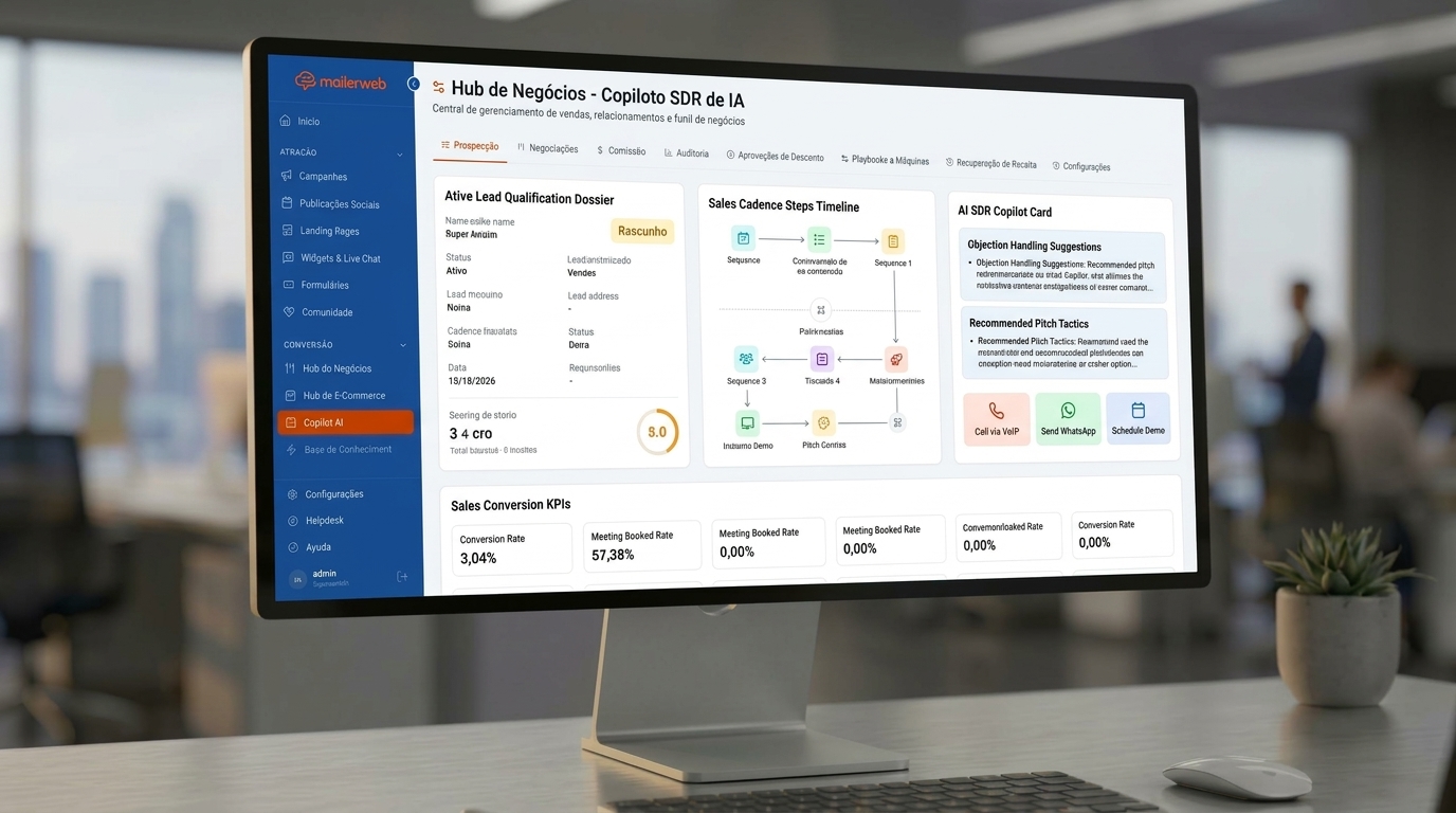 Sales Engagement e Copiloto SDR de IA do MailerWeb em Tela de Computador Profissional